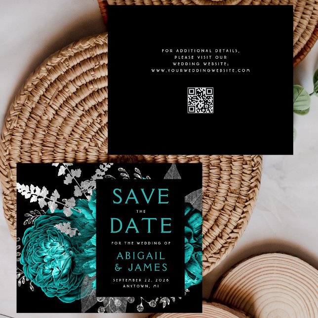 Budget Blommig Teal Silver QR-kod Spara datumet (Skapare uppladdad)
