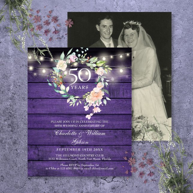 Budget Blommig Trä 50-årsjubileum Foto Inbjudan (Budget Floral Wood 50th Anniversary Photo Invite)