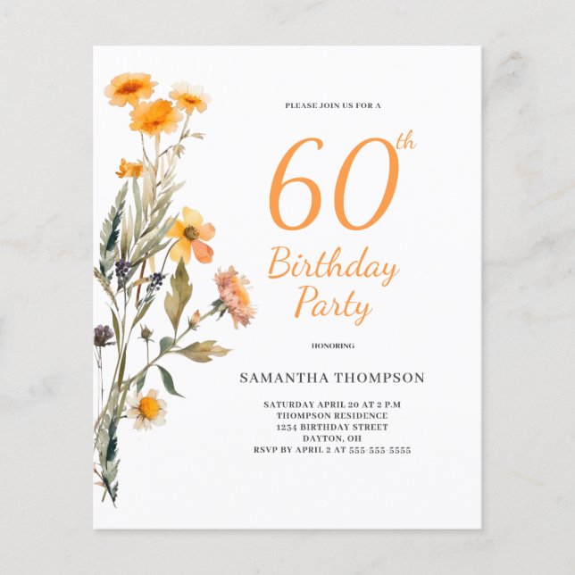 Budget Blommig Vildblomma 60-års Födelsedagsinbjud Flygblad (Framsidan)