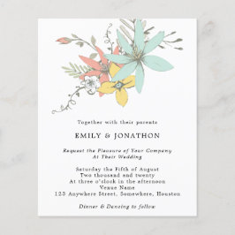 Budget Blommiga blad Teal Korall Bröllopsinbjudan