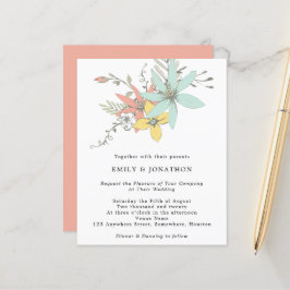 Budget Blommiga blad Teal Korall Bröllopsinbjudan