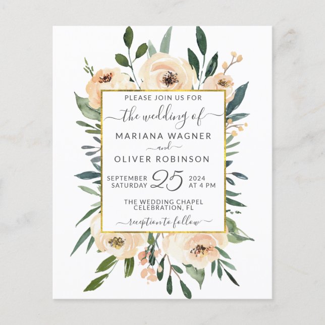 Budget Blommigt Beige Guld Black Wedding bjudande Flygblad (Framsidan)