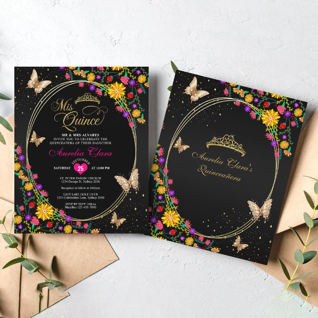 BUDGET Blommigt Black Guld Butterfly Quinceañera (Skapare uppladdad)