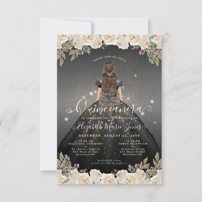Budget Blommigt Black Guld Princess Quinceanera Anteckningskort (Framsida)