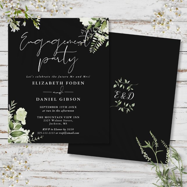 Budget Blommigt Black White Förlovningsfest Inbjud (Budget Floral Black White Engagement Party Invite)