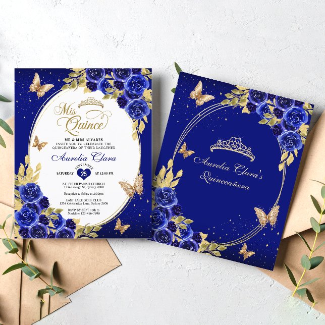 BUDGET Blommigt Blue Guld Butterfly Quinceanera (Skapare uppladdad)