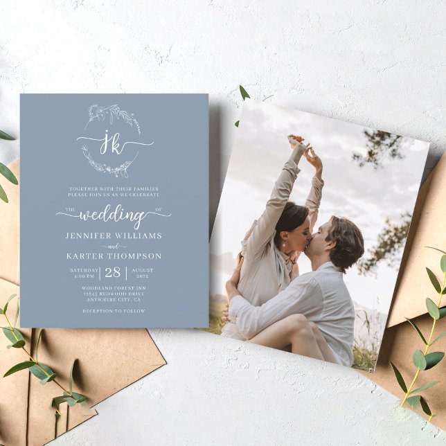 BUDGET Blommigt Dusty Blue Monogram Photo Bröllop (Skapare uppladdad)
