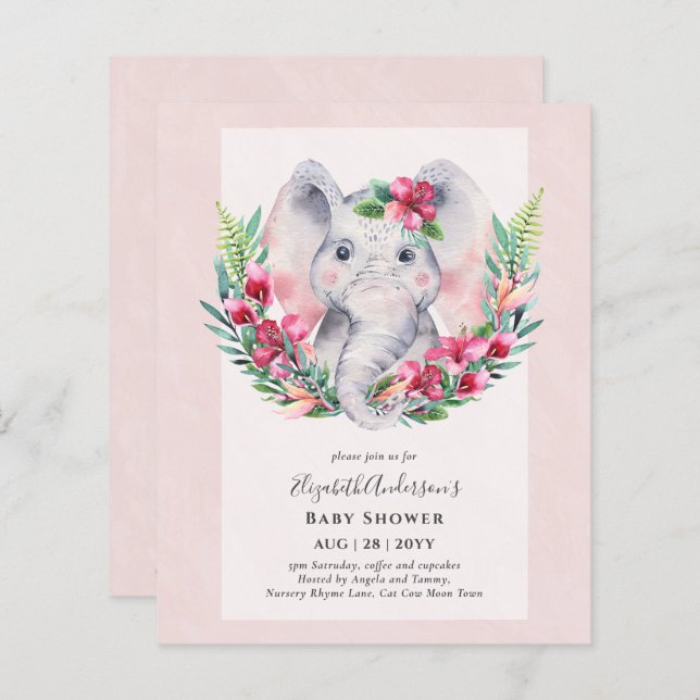 BUDGET Blommigt Elephant Baby Shower Inbjudan (Fram/baksida)