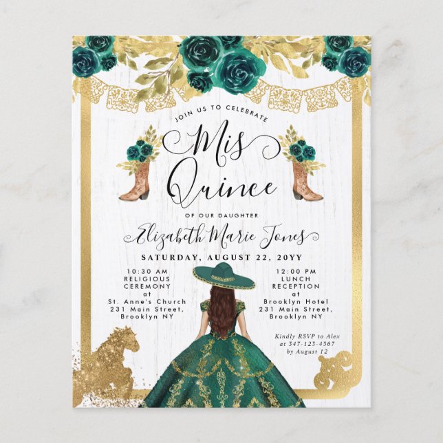 Budget Blommigt Emerald Grönt Charra Quinceanera (Framsida)