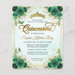 Budget Blommigt Emerald Grönt Glam Guld Quinceañer Flygblad