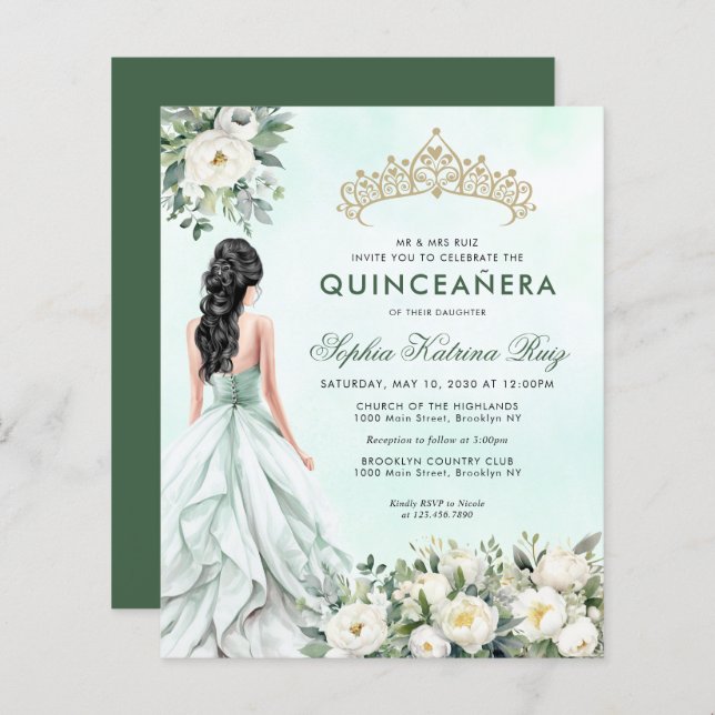 Budget Blommigt Emerald Grönt Princess Quinceañera (Fram/baksida)