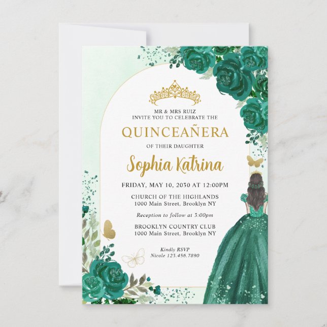 Budget Blommigt Emerald Grönt Princess Quinceanera Anteckningskort (Framsida)