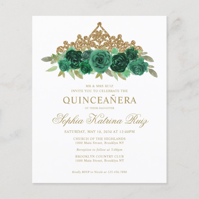 Budget Blommigt Emerald Grönt Tiara Quinceañera (Framsida)