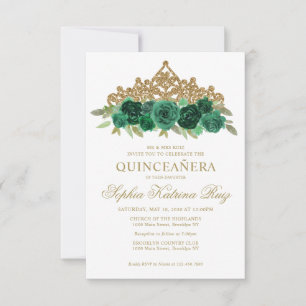 Budget Blommigt Emerald Grönt Tiara Quinceañera Anteckningskort