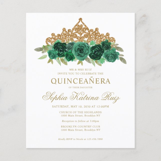Budget Blommigt Emerald Grönt Tiara Quinceañera Flygblad (Framsidan)