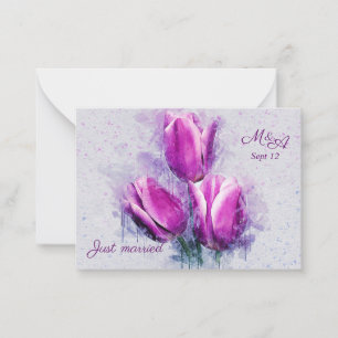 Budget. Blommigt, fuchsia tulips Ny gifta Anteckningskort