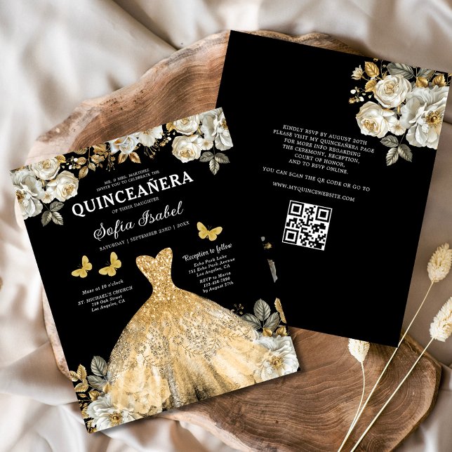 Budget Blommigt Guld QR-koden Princess Quinceanera (Skapare uppladdad)