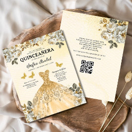 Budget Blommigt Guld QR-koden Princess Quinceanera Flygblad