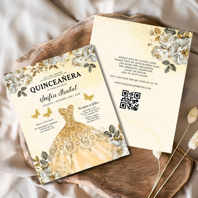 Budget Blommigt Guld QR-koden Princess Quinceanera Flygblad (Skapare uppladdad)