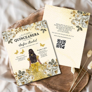 Budget Blommigt Guld QR-koden Princess Quinceanera Flygblad