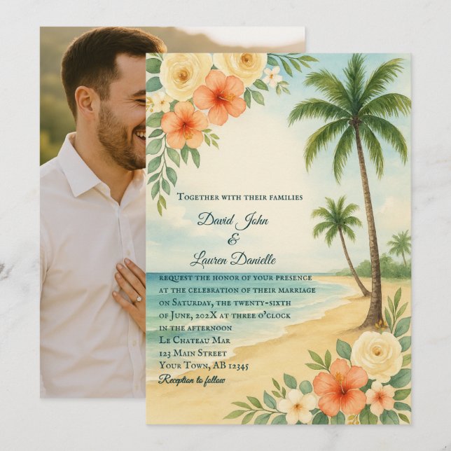 Budget Blommigt Handflatan Treen Photo Wedding bju Inbjudningar (Fram/baksida)
