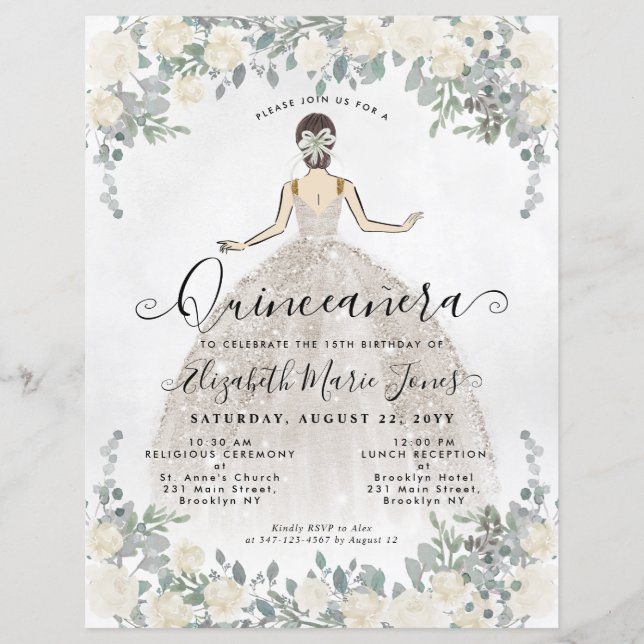 Budget Blommigt Ivory White Princess Quinceanera (Framsida)