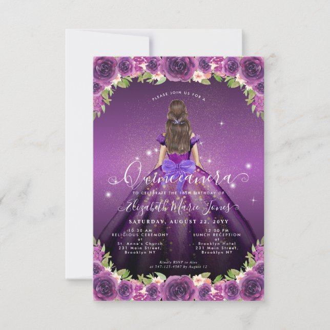 Budget Blommigt Lila Guld Princess Quinceanera Anteckningskort (Framsida)