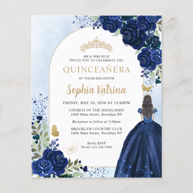 Budget Blommigt Navy Blue Guld Princess Quinceaner (Framsida)