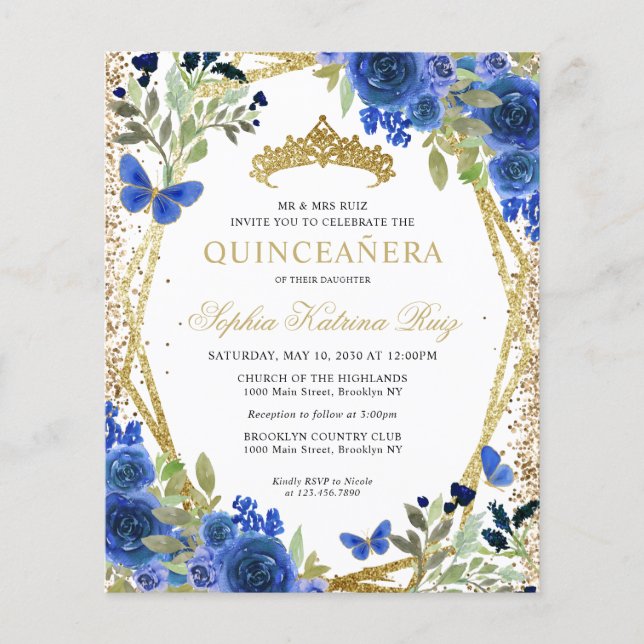 Budget Blommigt Navy Blue Guld Quinceañera Inbjuda (Framsida)