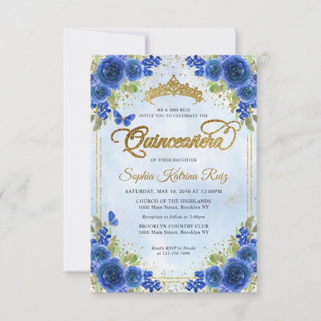 Budget Blommigt Navy Blue Guld Tiara Quinceañera Anteckningskort (Framsida)