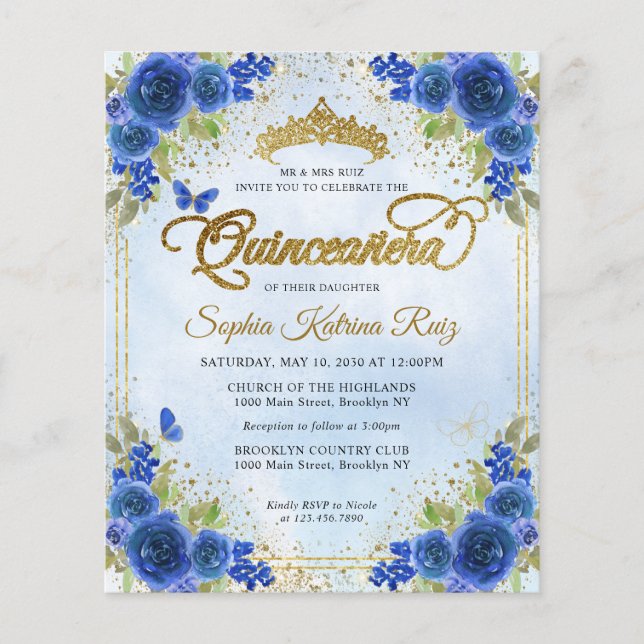 Budget Blommigt Navy Blue Guld Tiara Quinceañera Flygblad (Framsidan)