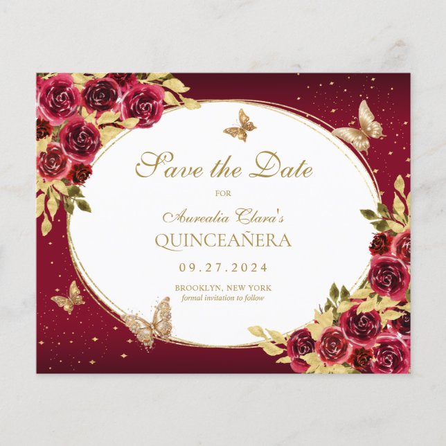 BUDGET Blommigt Red Guld Butterfly Quinceanera (Framsida)