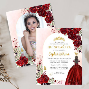 Budget Blommigt Red Guld Princess Photo Quinceañer