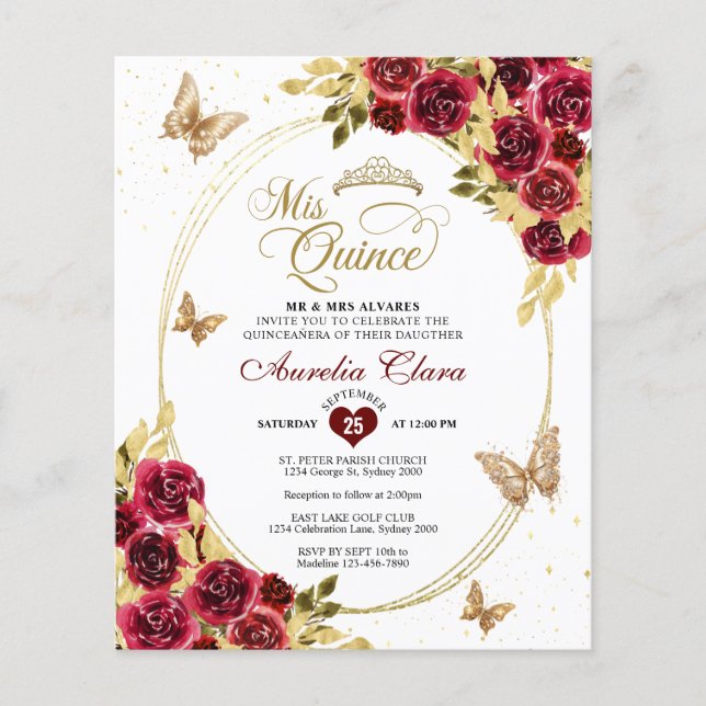 BUDGET Blommigt Red Guld Tiara Butterfly Quinceañe (Framsida)