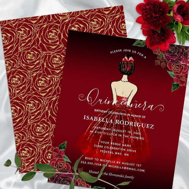 Budget Blommigt Red Princess Guld Quinceañera (Budget Floral Red Princess Gold Quinceañera)