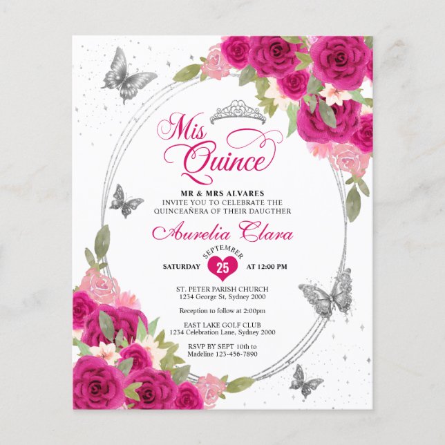 BUDGET Blommigt Rosa Silver Butterfly Quinceañera (Framsida)