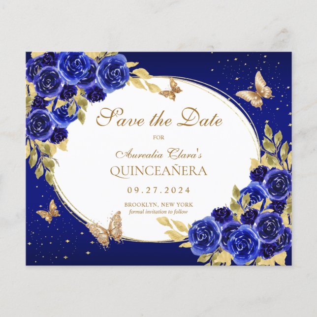 BUDGET Blommigt Royal Blue Butterfly Quinceanera (Framsida)