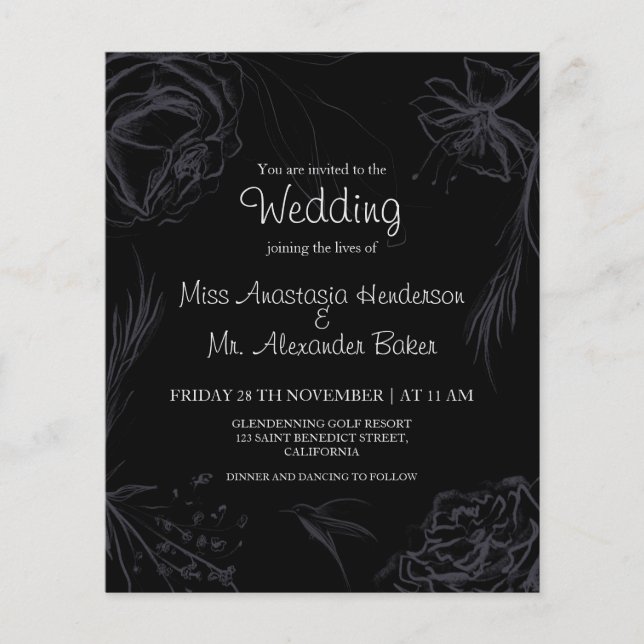 Budget/Blommigt/svart - Bröllopsinbjudan. Flyer (Framsidan)