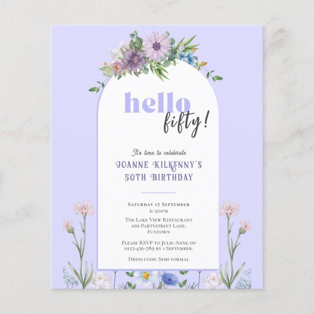 Budget Blommigts Lavender Birthday-inbjudan Flygblad (Framsidan)