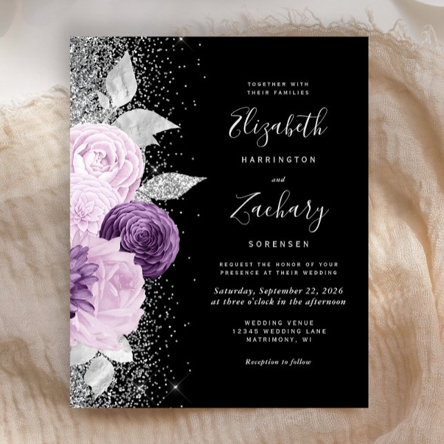 Budget Blommor Lila Silver Glitter Svart Bröllop (An elegant choice for a wedding with a moody purple, silver and black color palete.)