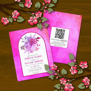 BUDGET Blommor QR-kod magenta bröllopsinbjudan