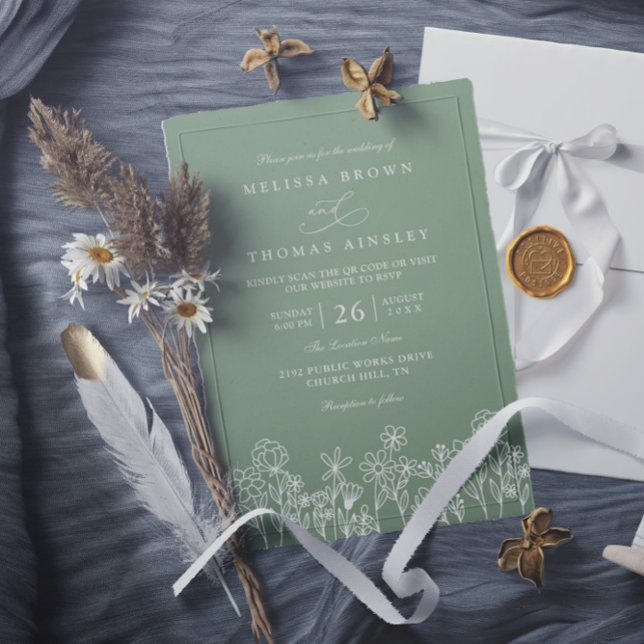 Budget Blomster Boho Salvia Grön QR-kod Bröllop Inbjudningar (Skapare uppladdad)
