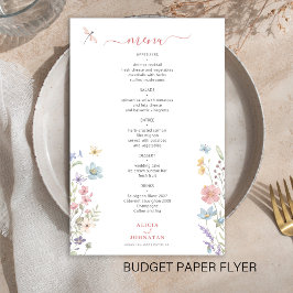 Budget blomster elegant bröllopsmeny folder flygblad