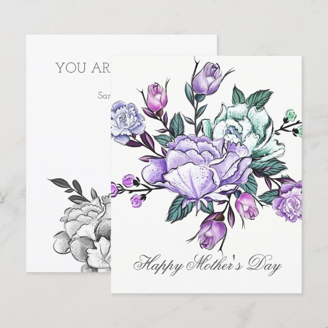Budget Blomsterbukett Lila Morsdags Kort (Fram/baksida)