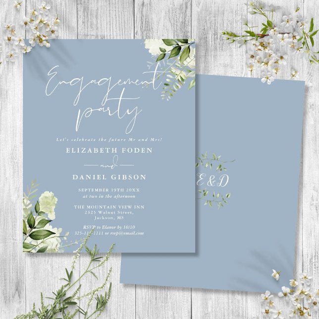 Budget Blomstergudstjänst Damengagemang Invitation (Budget Floral Dusty Blue Engagement Party Invite)