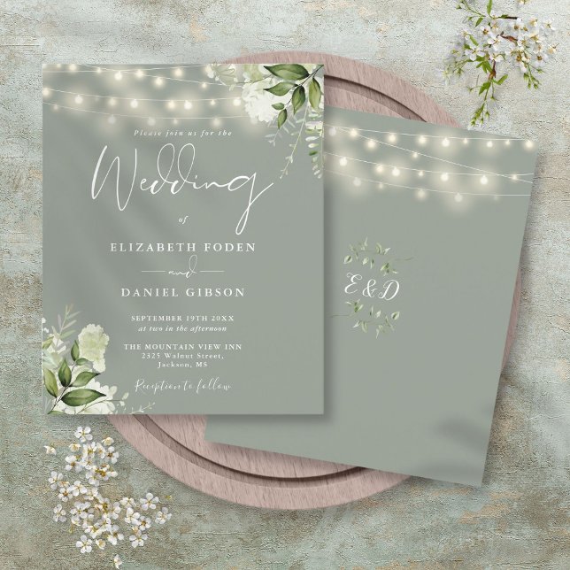 Budget Blomsterljus Sagegrön Bröllopsinbjudan (Budget Floral Lights Sage Green Wedding Invitation)