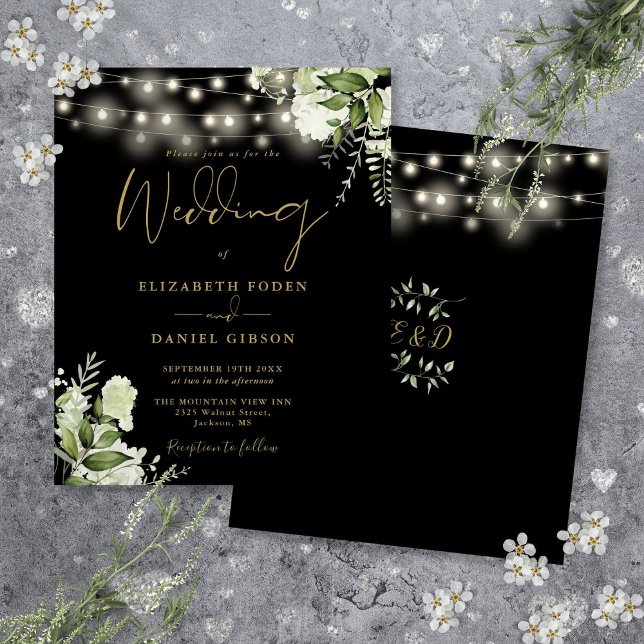 Budget Blomsterljus Svart Guld Bröllopsinbjudan (Budget Floral Lights Black Gold Wedding Invitation)