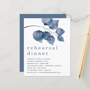 Budget Blue Artsy Foliage Rehearsal Dinner Inbjuda
