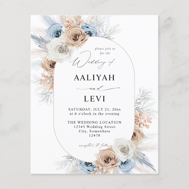Budget Blue & Beige Boho Blommigt Bröllop 2 Flygblad (Framsidan)