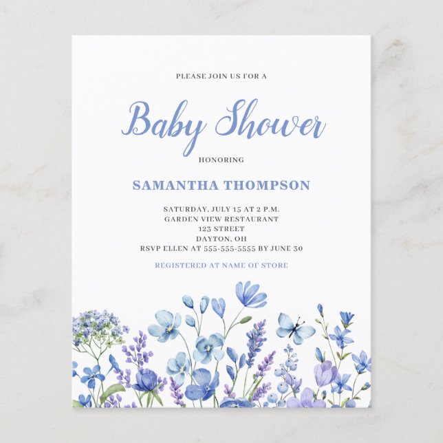 Budget Blue Blommigt Boy Baby Shower-inbjudan (Framsida)